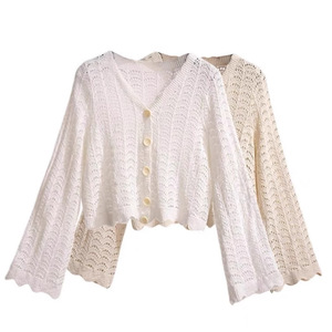 Cárdigan de punto para mujer con manga acampanada hueca, cuello en V, holgado, manga larga, transpirable, de ganchillo, camisa de protección solar - Product Image 1