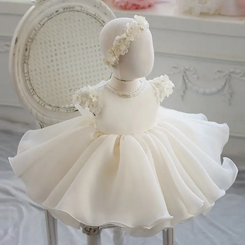 Flower Girls Gown Kids Piano Perform Stage Host Model Show Wear Clothing Dress Princess Party White Formal Puffy Dresses