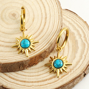 18K PVD Gold Plated Stainless Steel <b>Turquoise</b> Celestial Sunburst <b>Stud</b> <b>Earrings</b> for Women |Waterproof & Hypoallergenic - Product Image 4