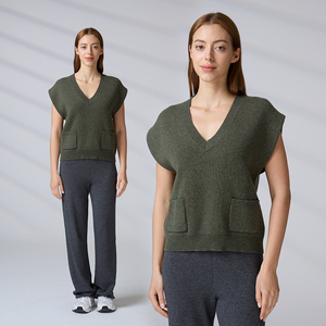 Chaleco de Punto Personalizado de Lana Geelong con Cuello en V para Mujer, sin Mangas, con Bolsillos, Suéter de Punto para Mujer - Product Image 1