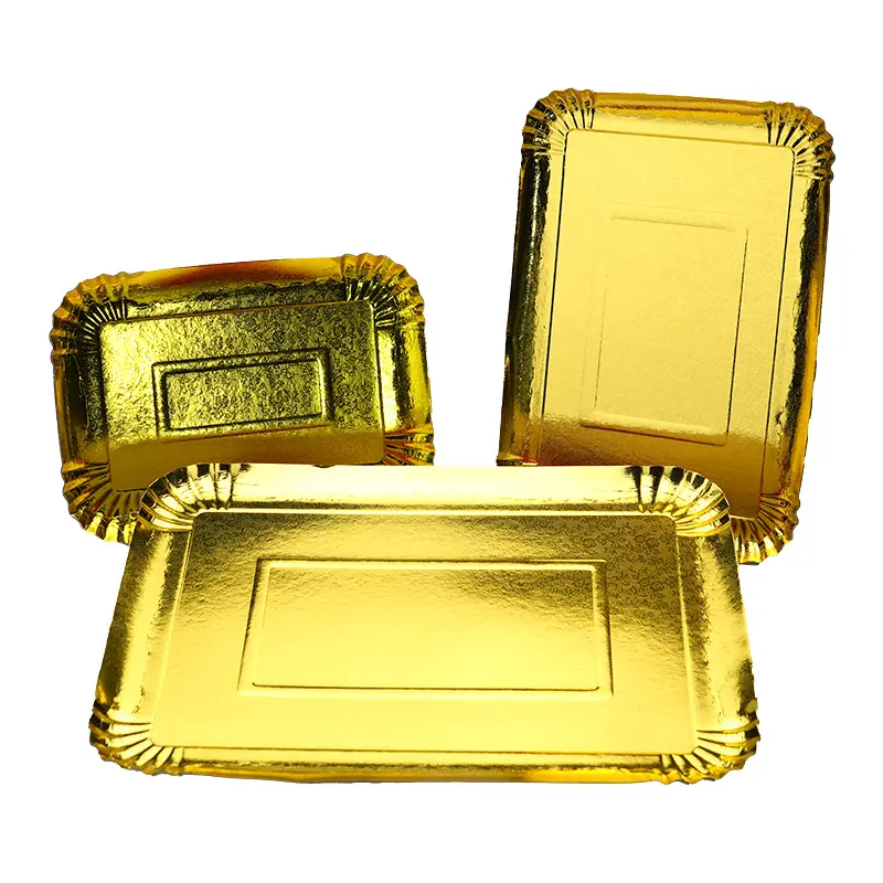 High Quality Food Grade Eco-Friendly disposable rectangle white paper golden cake snack fruit paper plate tray