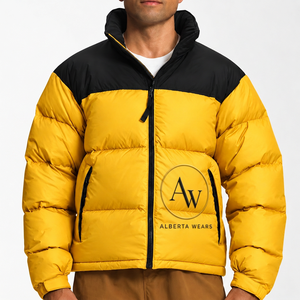 Men's Yellow Black Color Block <b>Puffer</b> <b>Jacket</b> Windproof Zipper Closure Stand Collar Casual Winter Outerwear Thick Polyester Shell - Product Image 2