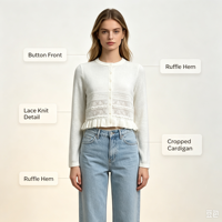 Clara – Haut tricoté plat pointelle blanc de haute qualité pour femme, personnalisable OEM, couleur unie, manches longues, boutons en corne