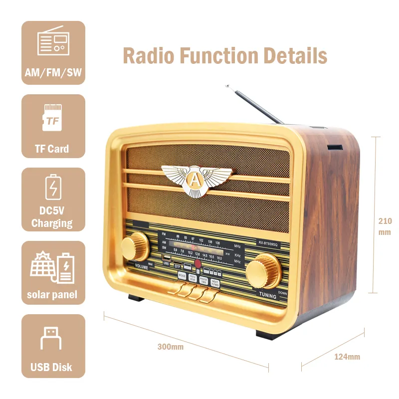 Caja de música de madera antigua, altavoz de madera con sonido HQ, diseño único, FM/AM/SW, 3 bandas, recargable, BT, Mp3, USB/TF, Radio Retro antigua