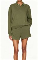 Ensemble de survêtement 2 pièces pour femme : Sweat-shirt à col polo, 2 boutons, manches longues et short à cordon de serrage à ourlet brut