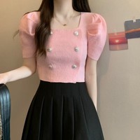 2025 Offre Spéciale dames à la mode pull à manches courtes coupe ajustée couleur unie haut col carré bouton simple boutonnage pour l'été