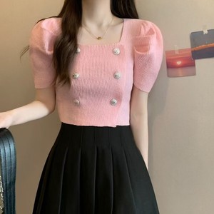 Gran oferta 2025, suéter de manga corta a la moda para mujer, Top ajustado de Color sólido, cuello cuadrado, botón de un solo pecho para verano - Product Image 2