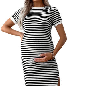 2025 européen américain robes de maternité à la mode décontracté fente col rond confortable élastique <span class=keywords><strong>robe</strong></span> de maternité avec des rayures - Product Image 4