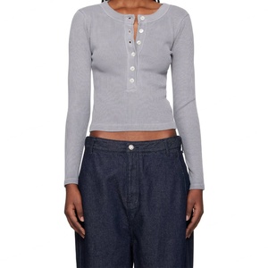 T-shirts Henley en coton extensible à col rond basique pour femmes, t-shirts Henley en jersey côtelé à manches longues sexy pour femmes - Product Image 3