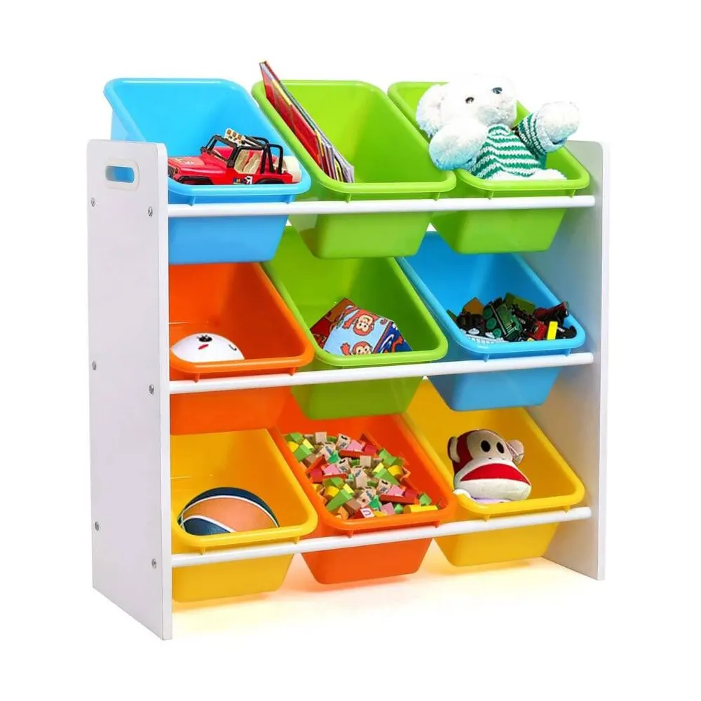 3 Tier Regal Kleinkind Holz Spielzeug Aufbewahrung organisator mit 9 mehrfarbigen Kunststoff behältern für Kinderzimmer Spielzimmer