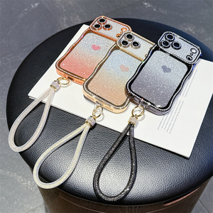 Coque de téléphone en forme de cœur avec cadre ondulé à paillettes dégradées et strass pour <span class=keywords><strong>Samsung</strong></span> S26 Ultra S25 S24 Plus, avec support et sangle, étui brillant - Product Image 6