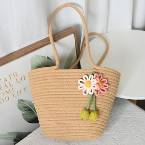 Woven Handbag Large Capacity Summer Tote Bohemian Style With Flower Stitching Horizontal <b>Square</b> Shape Everyday Use - Product Image 1