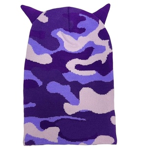 Masque facial intégral pour homme, hiver, violet, mignon, jacquard, camouflage, tricoté, avec cornes - Product Image 2
