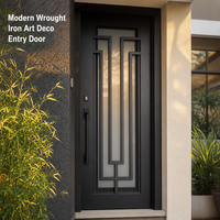 Porte d'entrée en fer forgé avec grille géométrique Art Déco, verre de confidentialité, porte de sécurité étanche pour villa américaine, taille personnalisée