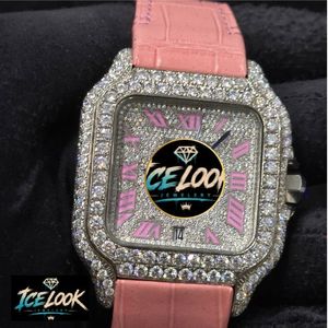 Montre à quartz carrée de luxe ICE LOOK pour femme, bracelet en cuir rose, cadran incrusté de diamants, affichage analogique de la date, boîtier en acier inoxydable de 34 mm - Product Image 5