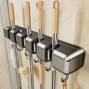 Stainless Steel <b>Wall</b> Mounted <b>Mop</b> Holder With Hooks For Bathroom And Balcony Storage - Product Image 1