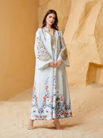 Abaya Kaftan Musulmane Longue à Broderie Florale, Col Montant en V, Manches Évasées, Robe Modeste de Fête pour Femme