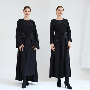 Abito Abaya nero da donna 2025, Maxi abito a maniche lunghe con cintura in vita con perline scintillanti, abito caftano ampio per formale LR464 - Product Image 1