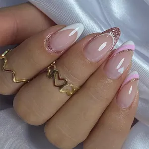 Impression d'art 3d à couverture complète personnalisée de haute qualité faisant des ongles artificiels à paillettes français rose pastel