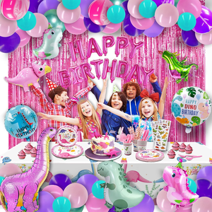 Fournitures de fête d'anniversaire Inosaur pour filles, décorations de fête dinosaures roses, ballons en latex, vaisselle, assiettes, nappe - Product Image 6