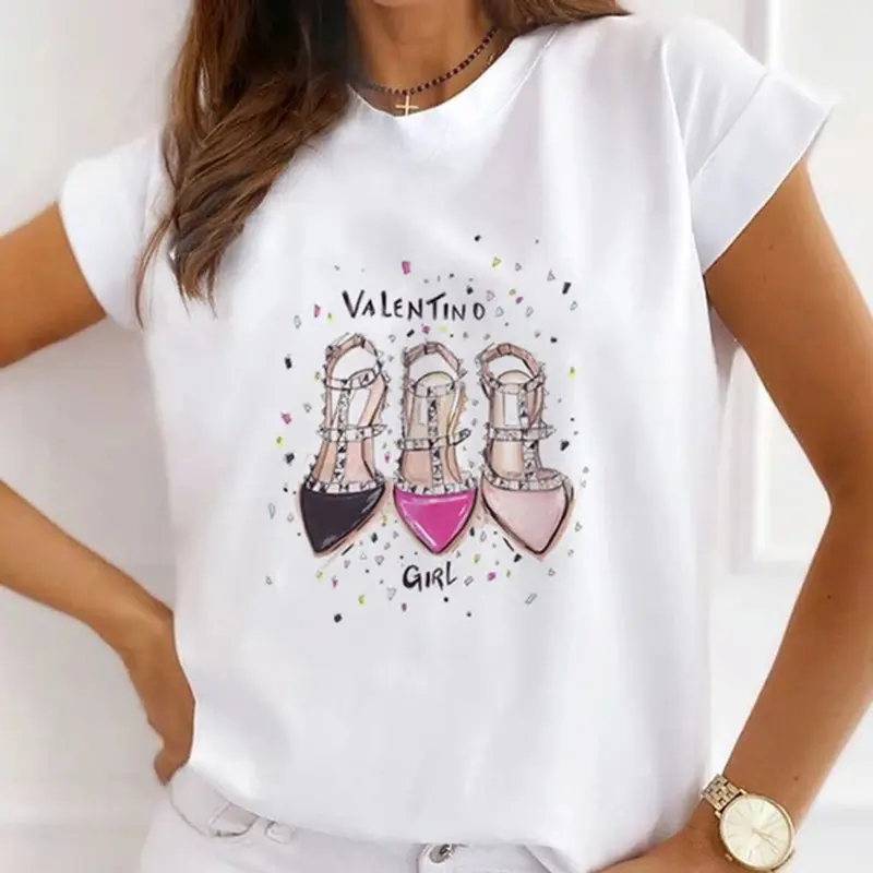 Camiseta blanca de manga corta con estampado de dibujos animados para mujer, ropa bonita con logotipo personalizado, etiquetas privadas, gran oferta