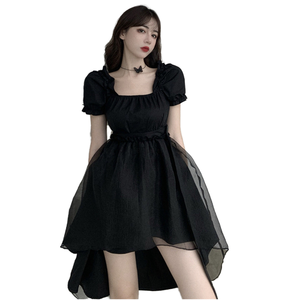 Nuovo Abito Estivo Versione Coreana Nero <span class=keywords><strong>in</strong></span> <span class=keywords><strong>Organza</strong></span> con Collo Quadrato e <span class=keywords><strong>Maniche</strong></span> a Sbuffo, Lunghezza al Ginocchio, Vita Naturale, per Donna - Product Image 1