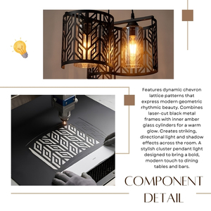Luminaire suspendu géométrique Chevron à 3 lumières, lampe suspendue en verre ambré et métal noir découpé au laser - Product Image 2