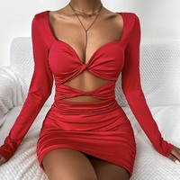 Robes crépues à manches longues pour femmes, Mini robe élégante plissée, moulante, avec col en V profond torsadé, froncée, décontractée, pour soirée, boîte de nuit