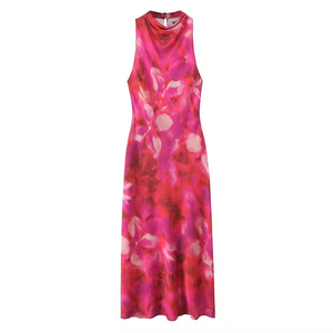 Abito Midi <span class=keywords><strong>Donna</strong></span> Primavera 2025 Nuovo Stile <span class=keywords><strong>Chic</strong></span> Moda Texture Satinata Stampata Vintage Senza Maniche Vestiti Femminili Robe Mujer - Product Image 5