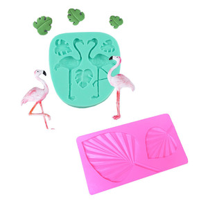 Flamingo Fondant Cake Silicone Mold Green Pink 2 Pieces Tropical Leaf Design Baking DIY Tools - Product Image 1