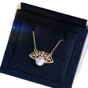 Collier artisanal en or 14 carats plaqué or avec pendentif double épis de blé en perle d'eau douce, nouveau, beau, signification de la richesse, récolte - Product Image 2