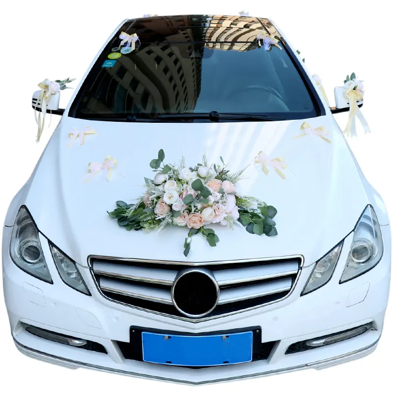 Decoración Artificial para coche de boda, cinta de seda, flor, rosa, decoración de boda