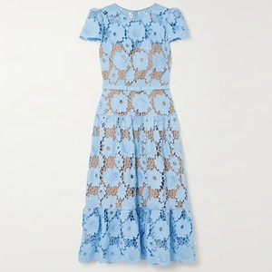 <span class=keywords><strong>Elegante</strong></span> Abito Lungo Casual Blu Cielo con Fiori Traforati, <span class=keywords><strong>Vestito</strong></span> Sexy da Donna con Scollo a O - Product Image 3