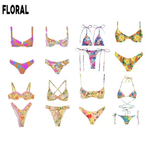 Custom LOGO High Waist Bathing Suit Lace Up 2 Piece Plus Size Floral Swimwear Women Underwire Sexy Triangle Thong Bikini Set