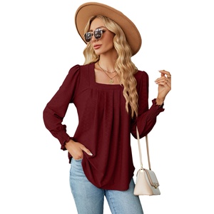 Autunno donna 3D Jacquard t-shirt Design popolare collo quadrato ampia manica lunga con perline camicetta Casual per le signore ragazze - Product Image 6