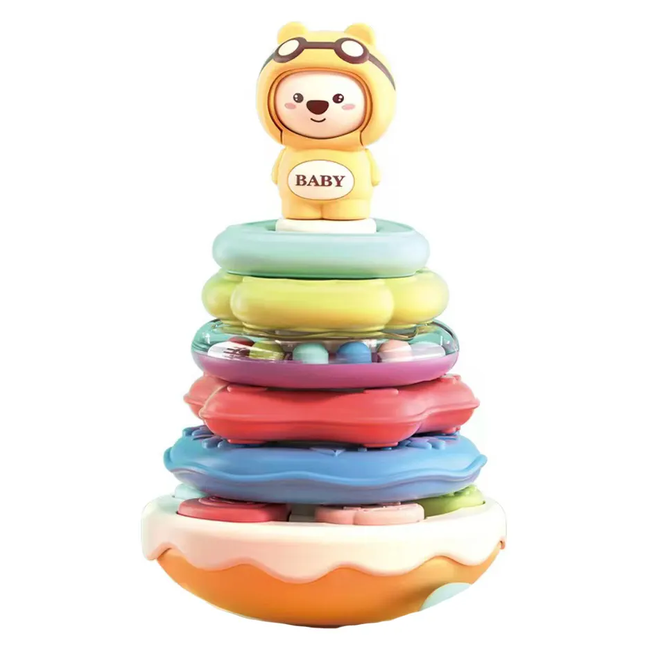 Multifunction new arrival toddler activity music tumbler with colorful rings function circle stacking toy