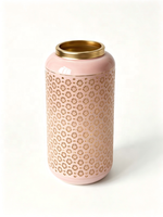 Lanterne florale creuse en métal rose, porte-bougie décoratif à bord doré, lanterne de table en fer aspect céramique pour la décoration de la maison