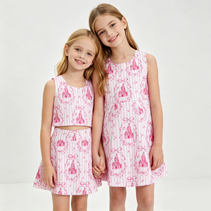Conjunto deportivo con falda y top sin mangas con estampado de castillo rosa para niñas pequeñas, top sin mangas con lazo coqueto y falda, conjunto deportivo informal para viajes de niños - Product Image 1