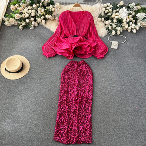 S1240Y 2026 Completo da Donna di Alta Gamma <span class=keywords><strong>Chic</strong></span>, Stile Socialite alla Moda, Top con Vita Aderente e Volant, Abito da Sera a Vita Alta con Paillettes - Product Image 3