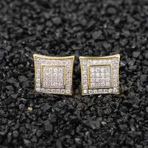 European And American Hip-hop Gold Silver Unisex Earrings With Full Zircon Square Trendy Earrings