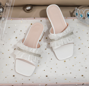 Summer New Lace-up Sandals for Girls Thick-<b>heeled</b> Slippers <b>White</b> Pleated Sandals for Girls 8-12 Years - Product Image 5