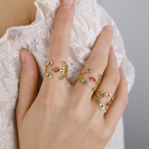 G4766 Wholesale Stainless Steel 18k Gold Plated Rainbow Zircon CZ Leaf <b>Ring</b> for Women Finger <b>Open</b> <b>Rings</b> - Product Image 3