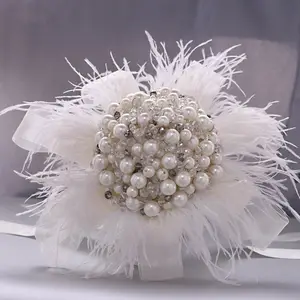 Ychon新娘珍珠羽毛花束婚礼鲜花新娘花束优雅珍珠新娘伴娘婚礼花束