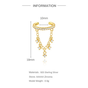 Boucles d'oreilles clipsables en argent sterling S925 plaqué or, forme C, avec pampilles et zircon cubique, sans perçage, pour femmes, vente en gros - Product Image 4
