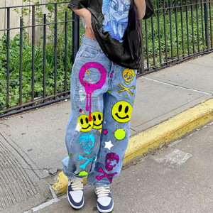 Pantalones Vaqueros Estampados Casuales de Estilo Explosivo <span class=keywords><strong>para</strong></span> <span class=keywords><strong>Mujer</strong></span>, <span class=keywords><strong>Ropa</strong></span> Transfronteriza con Estampado de Cara Sonriente, Piernas <span class=keywords><strong>Anchas</strong></span>, Holgados, Talla Grande - Product Image 1