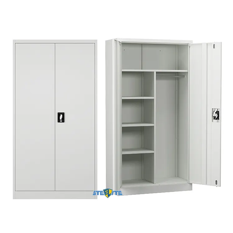 white and black two doors steel hanging clothing wardrobe cabinet with shallow drawer & hanging trousers sliding rack