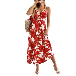 Vestido sin mangas con cuello en V y estampado de hojas en rojo para vacaciones de verano en <span class=keywords><strong>la</strong></span> playa, venta al por mayor directamente de fábrica. - Product Image 5