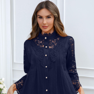 Camisa Casual de Oficina para Mujer con Decoración de Encaje, Mangas Largas, Tejido de Punto, Corte Regular para Primavera/Verano y Otoño - Product Image 1