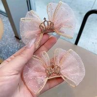 Barrette latérale en tulle et strass avec nœud couronne tridimensionnel pour enfants et filles, accessoires de cheveux de mariage