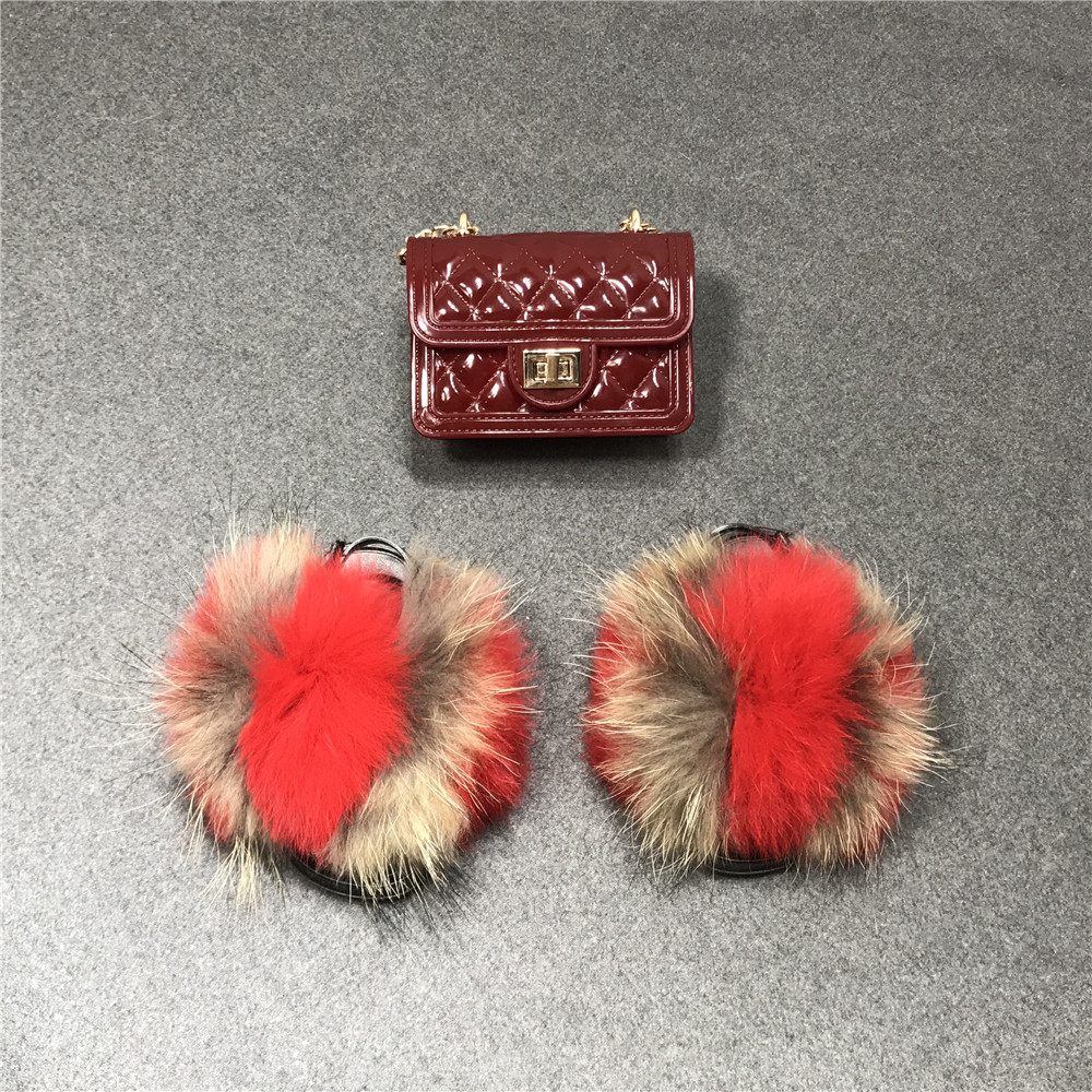 Kids Fur Slippers Jelly Bag Purse Set Fluffy Fur Slides Handbag with Slides Real Fox Fur Slides Children Shoulder Bag Wholesale